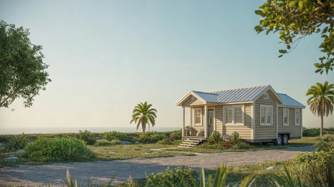 Illustration of a tiny home with a porch beside the Florida coast