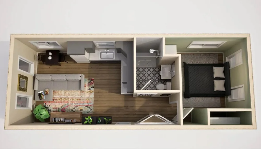 3D floor plan of B504 One-Bedroom ADU