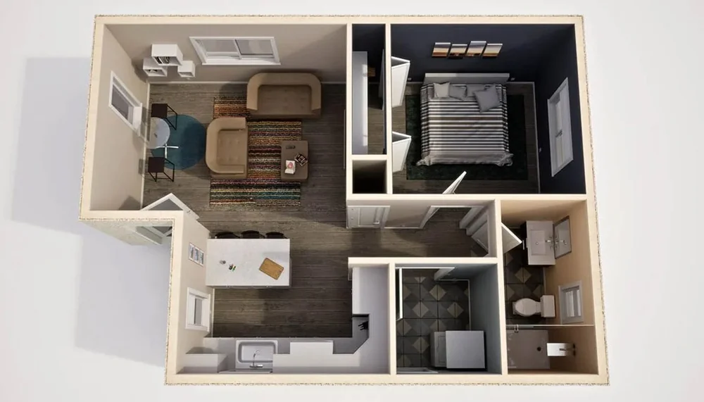 3D floor plan of B609 One-Bedroom ADU
