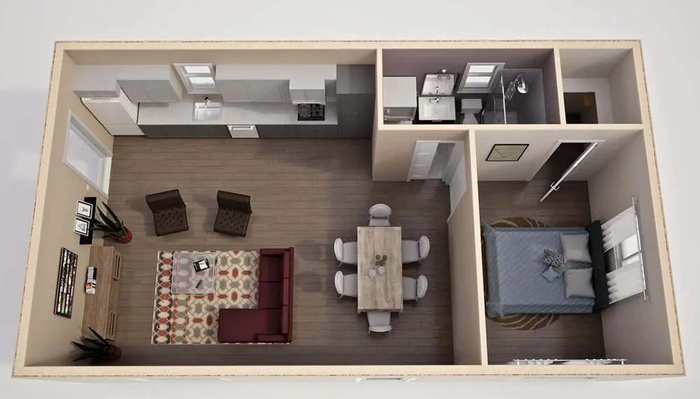 3D floor plan of B720 One-Bedroom ADU