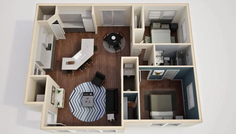 3D floor plan of C1003 Two-Bedroom ADU