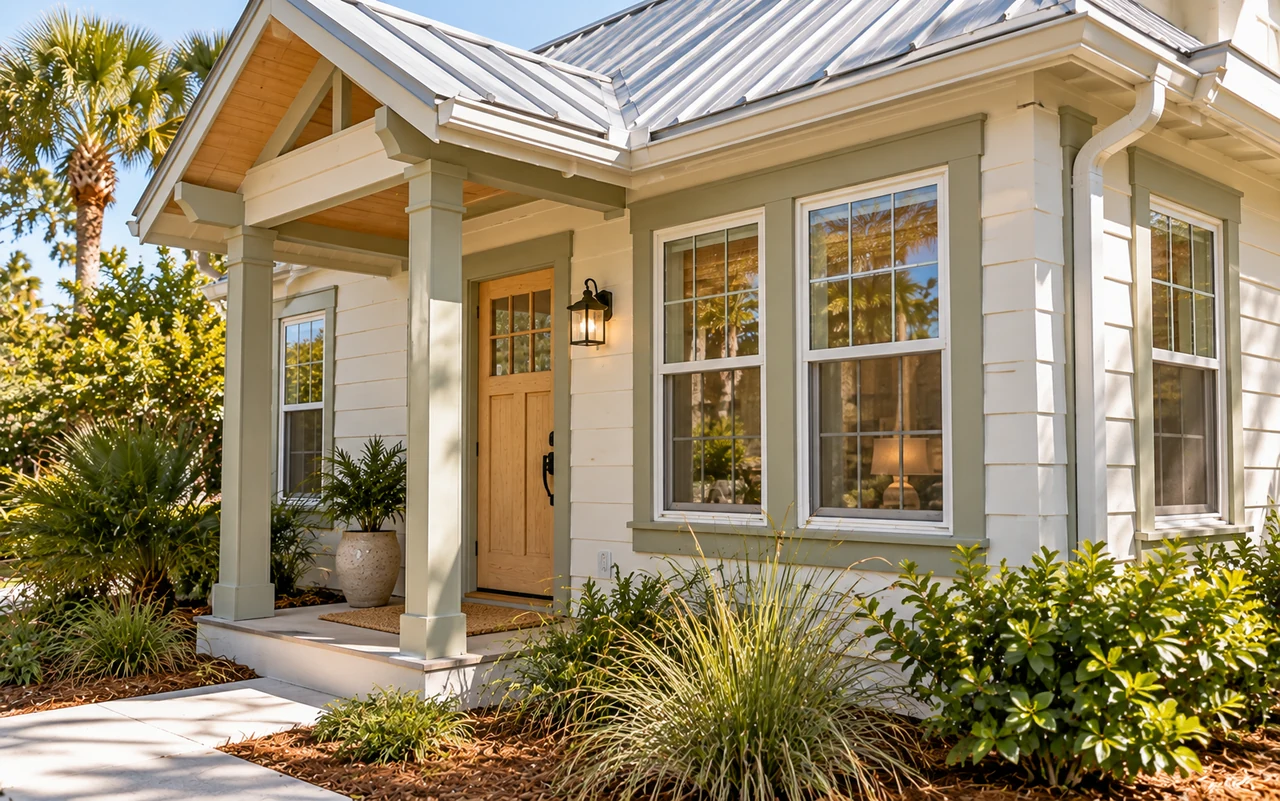 Light siding and a shaded entry on a coastal cottage
