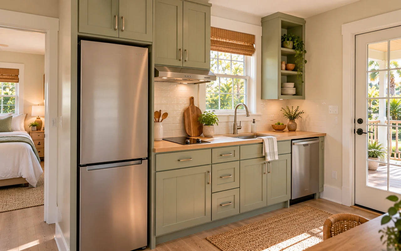 Built-in cabinetry and compact appliances in a small-home kitchen
