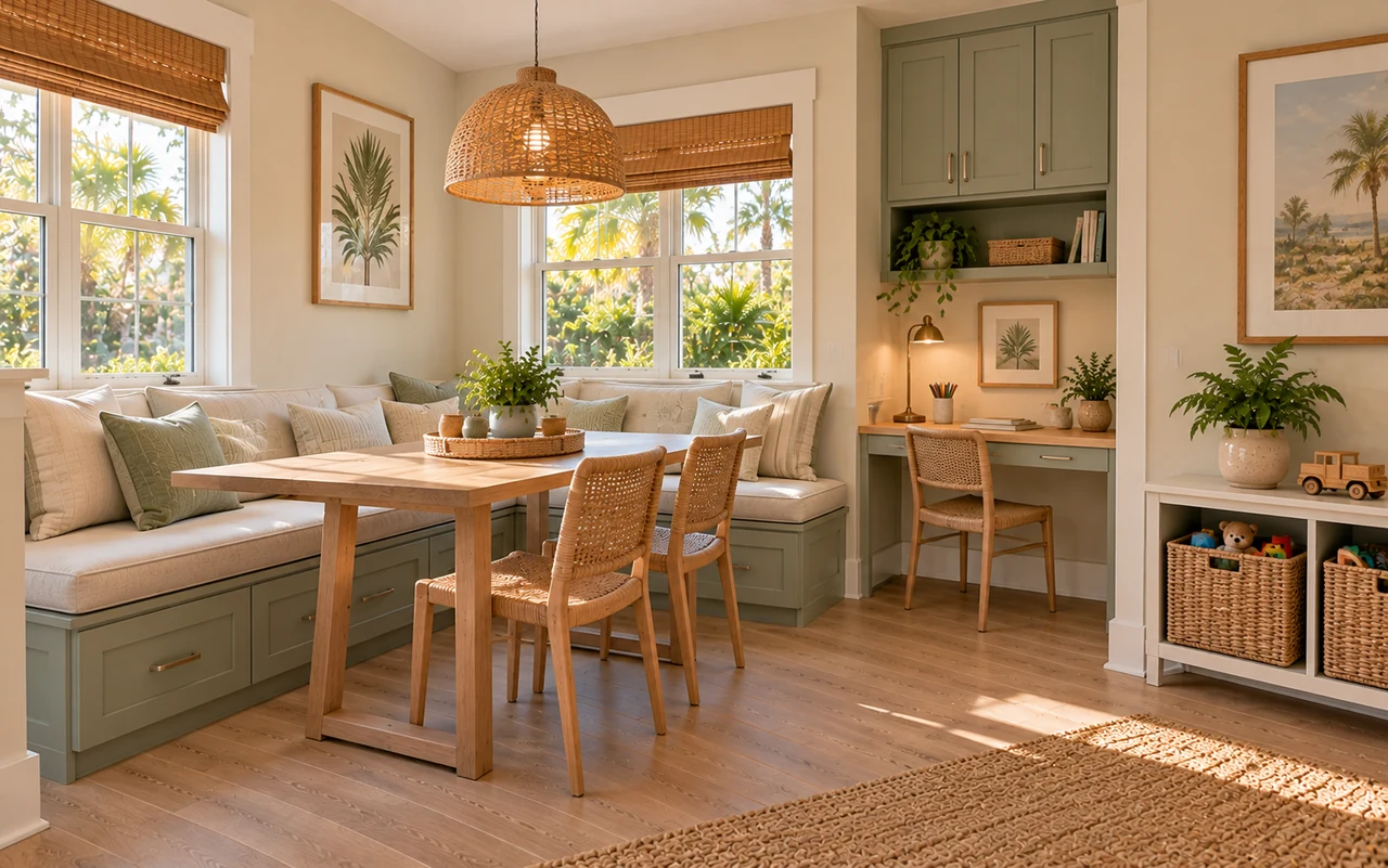 Compact family dining space with a homework nook and toy storage