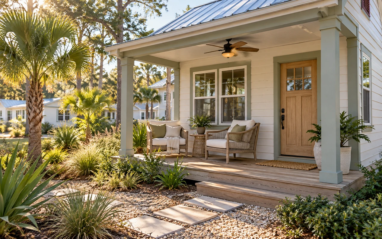 A shaded tiny home porch with outdoor seating and coastal landscaping
