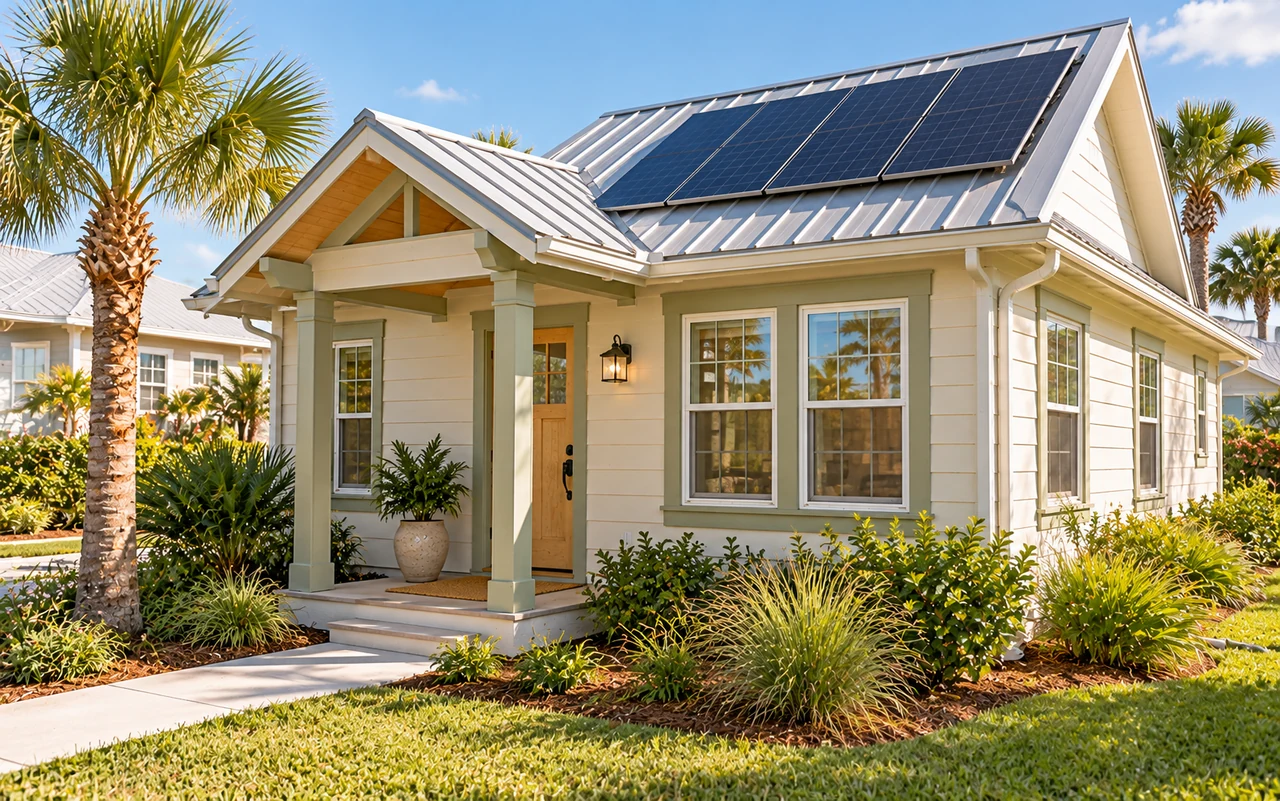 A small cottage with roof-mounted solar panels