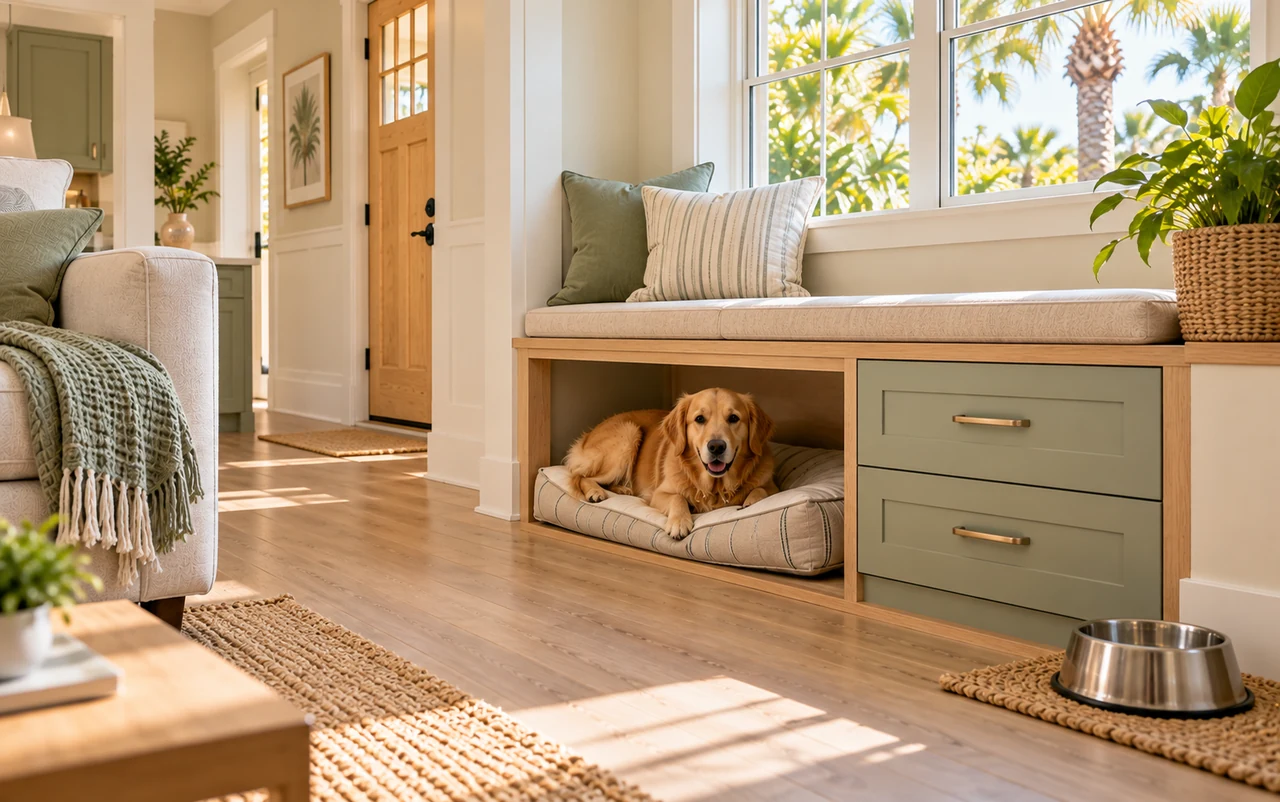 A dog resting in a built-in nook beneath a small home bench