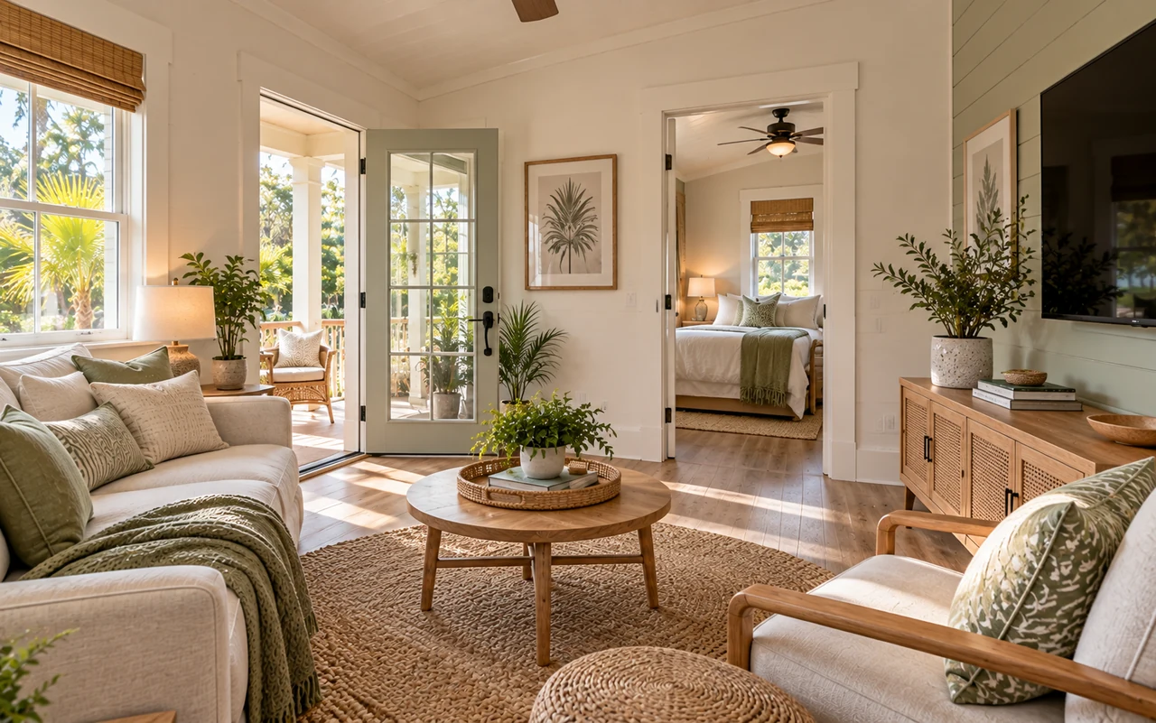 A comfortable cottage living room connected to a main-floor bedroom