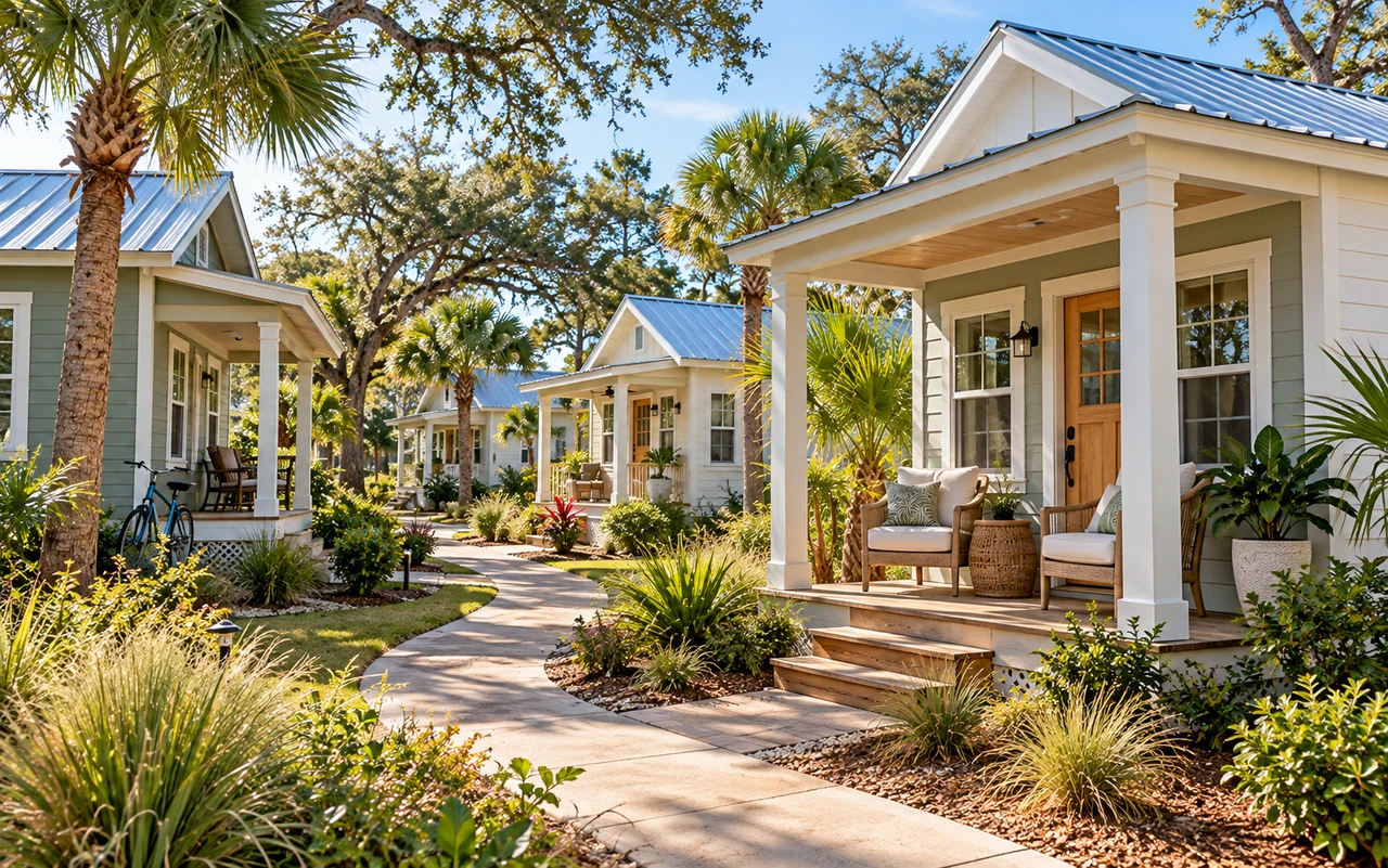Illustrative cottage community with a landscaped shared path