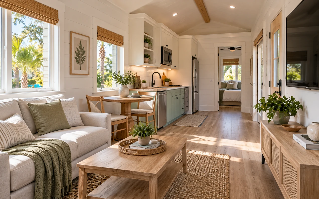 An open small-home living area with kitchen and dining space