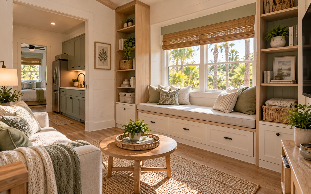 Built-in seating and storage in a compact living room