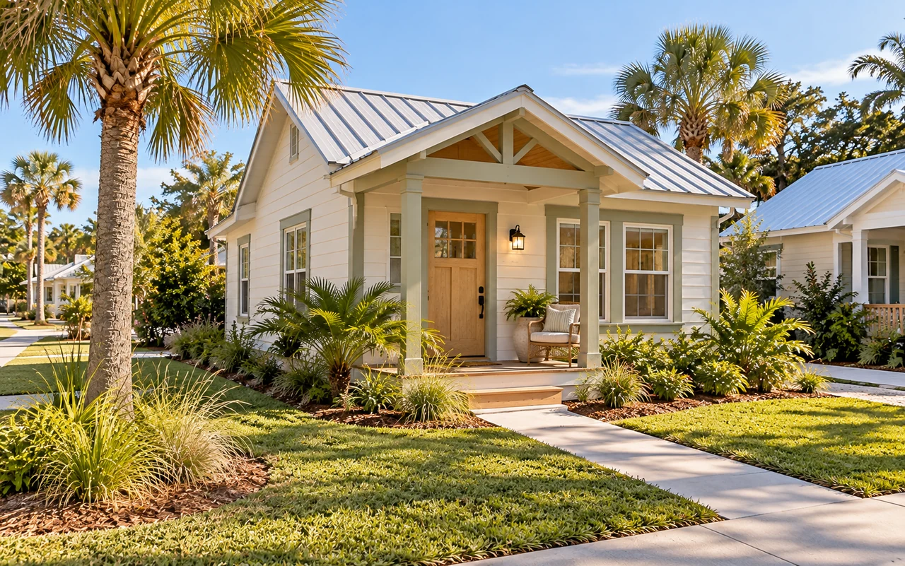 A compact coastal cottage on a landscaped residential lot
